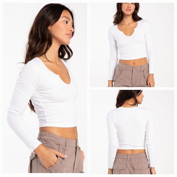 🔺️NWT Bozzolo White Notched Collar Long Sleeve Crop Top Medium - Picture 3 of 11